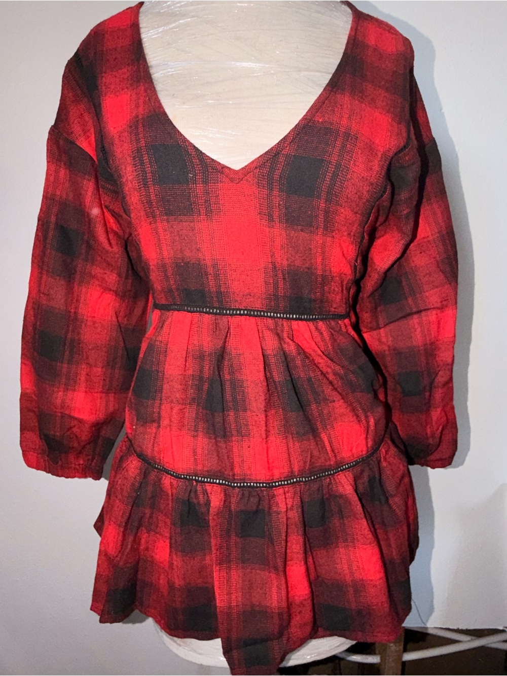 entro Red and Black Plaid Tiered Dress - V-Neck